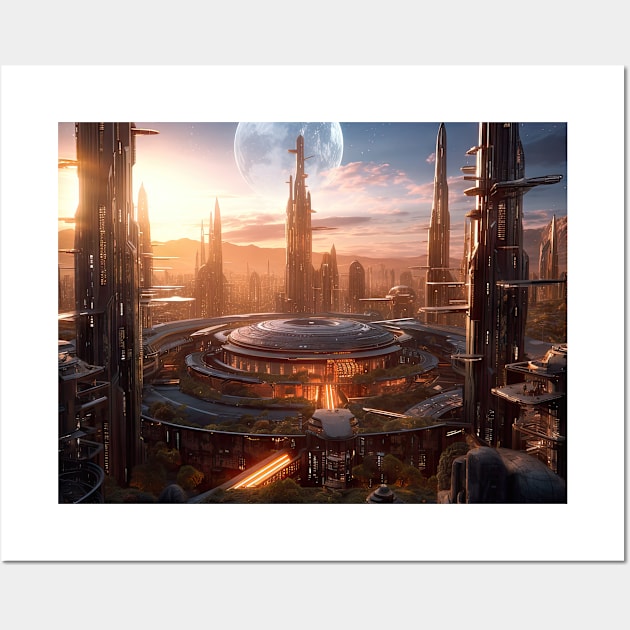 Celestial Babylon: Futuristic City of Wonders in Alien Moonlight Wall Art by MerlinArt